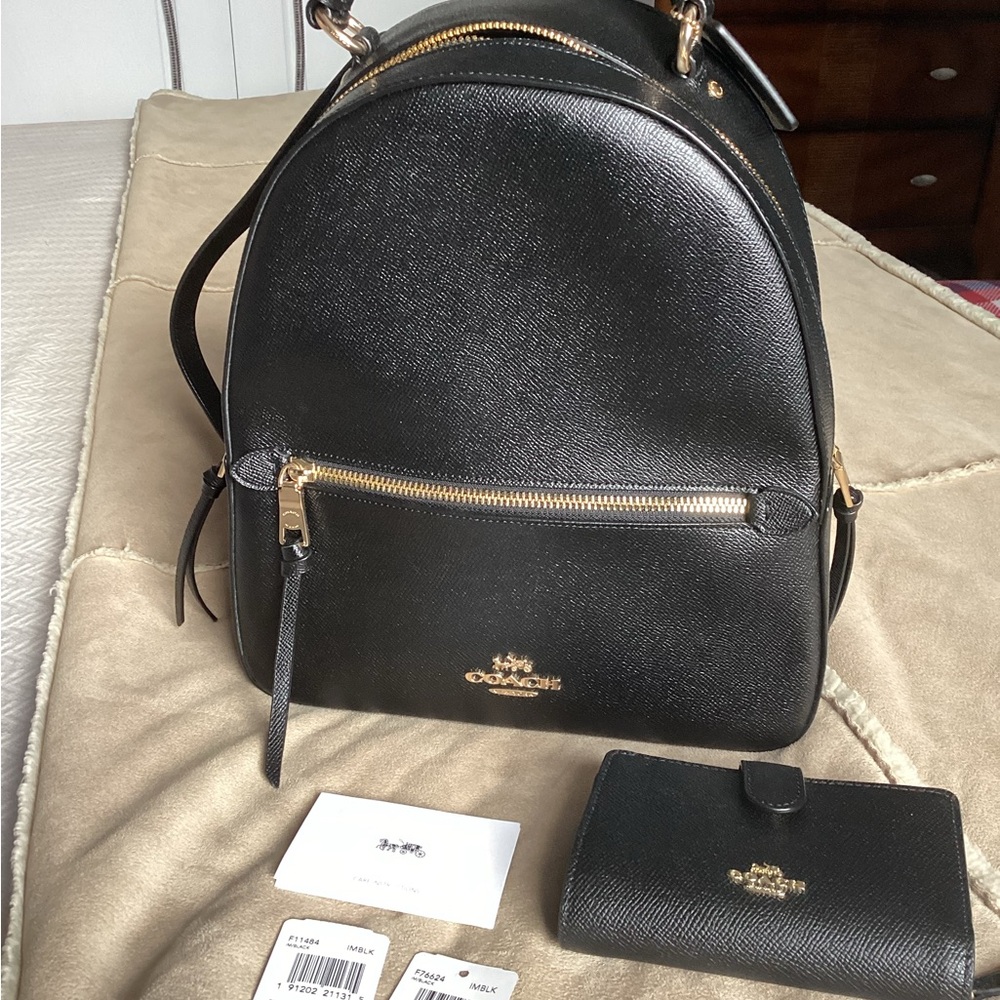 Coach Jordyn Black Leather Backpack and wallet